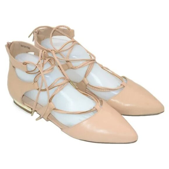 F21 Forever 21 Beige Tan Lace-Up Gladiator Flats Gold Heel Pointed Toe Shoes 9 - Picture 3 of 9